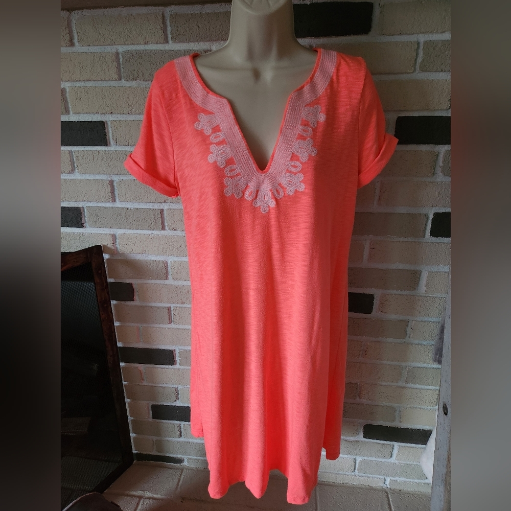 Lilly Pulitzer Coral Shift Dress with White Embroidered V-Neck